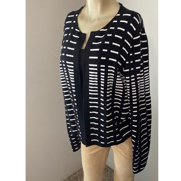 Liz Claiborne Women Size Large Sweater Open Cardigan Black White Classic Office - Picture 2 of 7